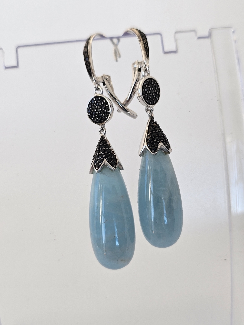 Genuine Aquamarine & Black Spinel Earrings - Picture 3 of 4